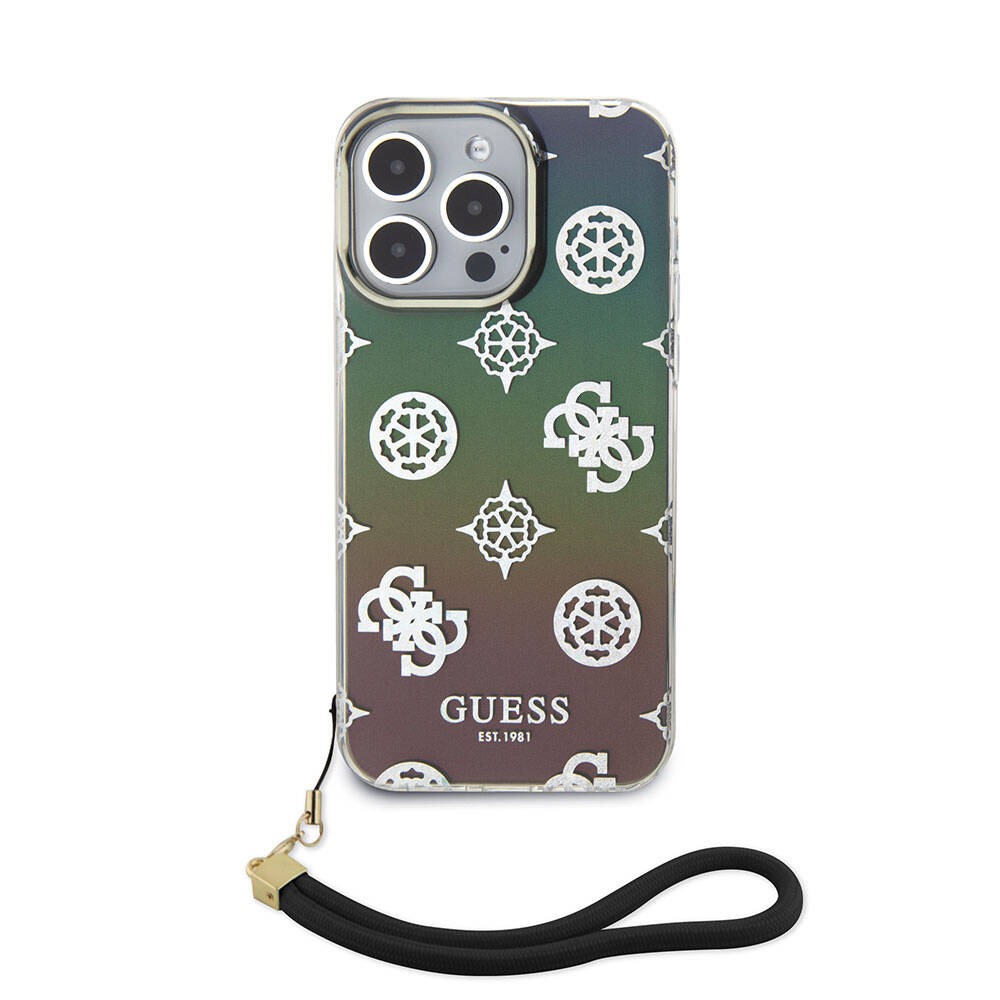 iPhone 15 Pro Max Kılıf Guess Orijinal Lisanslı Desenli Yazı Logolu Askı İpli Holografik Glitter Peony Kılıf