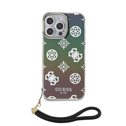 iPhone 15 Pro Max Kılıf Guess Orijinal Lisanslı Desenli Yazı Logolu Askı İpli Holografik Glitter Peony Kılıf