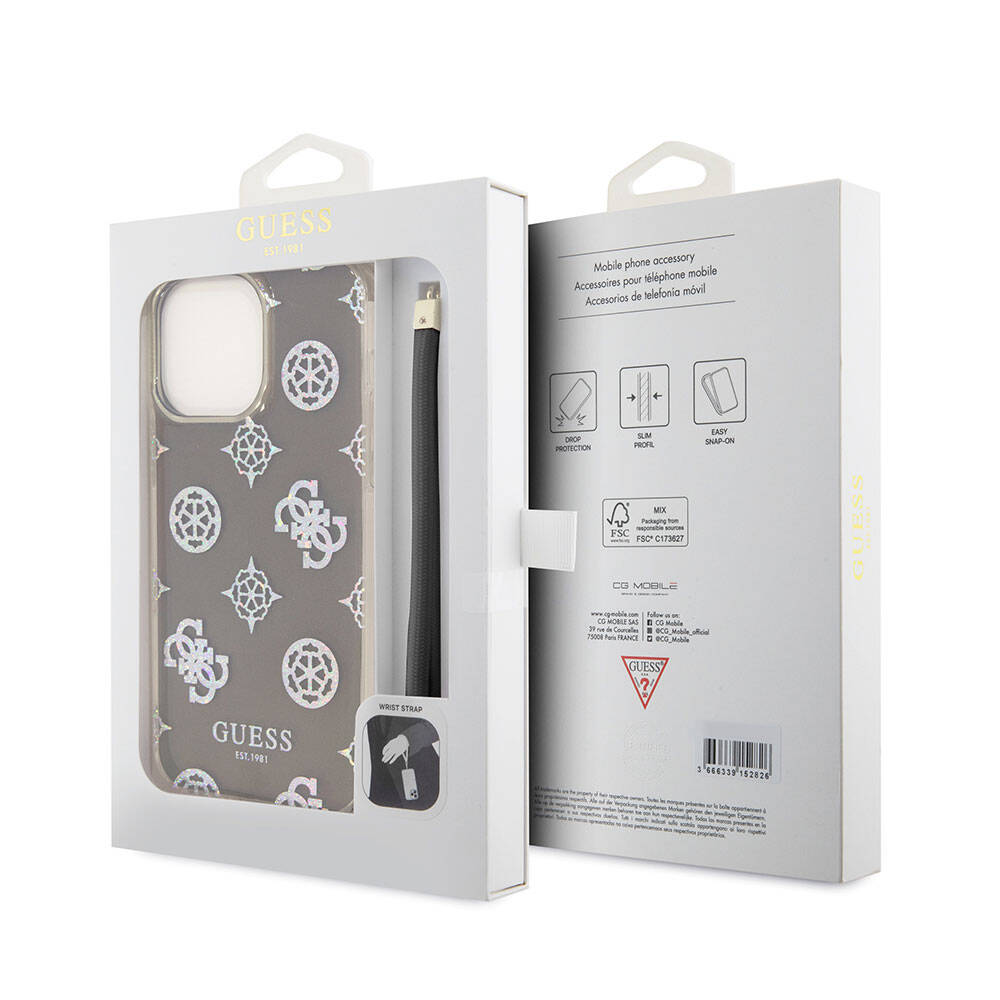 iPhone 15 Pro Max Kılıf Guess Orijinal Lisanslı Desenli Yazı Logolu Askı İpli Holografik Glitter Peony Kılıf