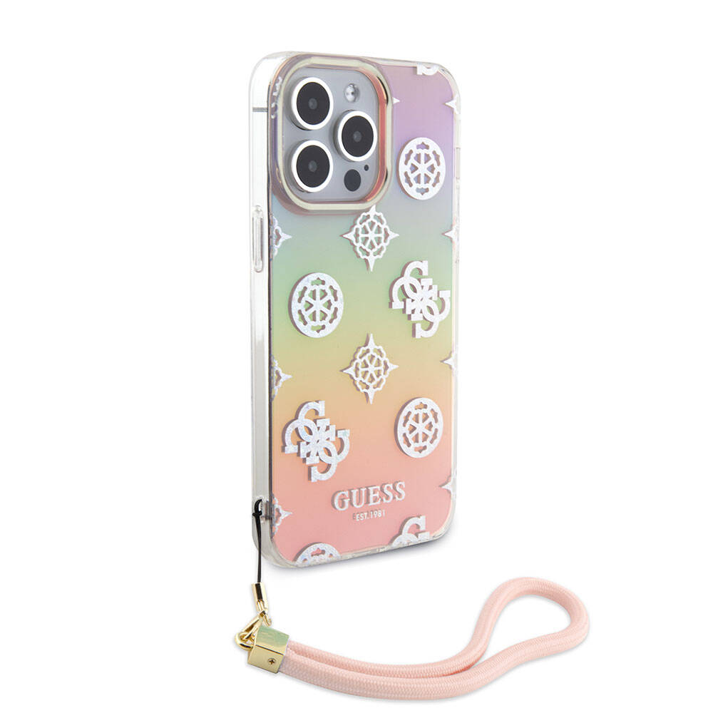 iPhone 15 Pro Max Kılıf Guess Orijinal Lisanslı Desenli Yazı Logolu Askı İpli Holografik Glitter Peony Kılıf