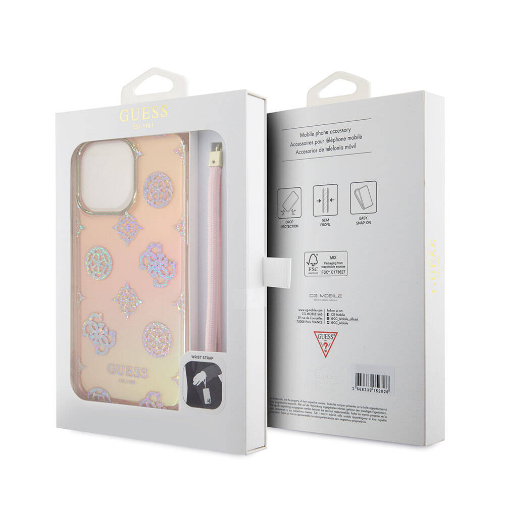 iPhone 15 Pro Max Kılıf Guess Orijinal Lisanslı Desenli Yazı Logolu Askı İpli Holografik Glitter Peony Kılıf