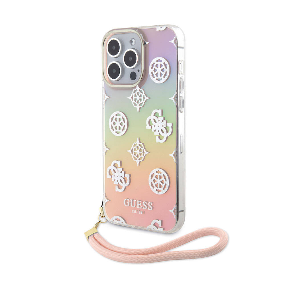 iPhone 15 Pro Max Kılıf Guess Orijinal Lisanslı Desenli Yazı Logolu Askı İpli Holografik Glitter Peony Kılıf