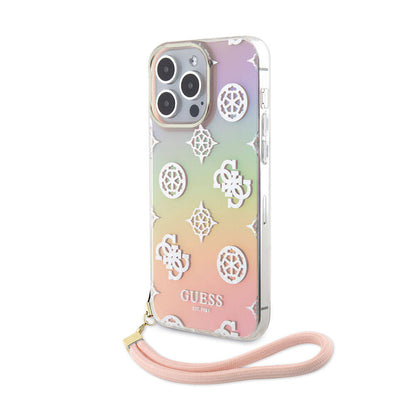 iPhone 15 Pro Max Kılıf Guess Orijinal Lisanslı Desenli Yazı Logolu Askı İpli Holografik Glitter Peony Kılıf