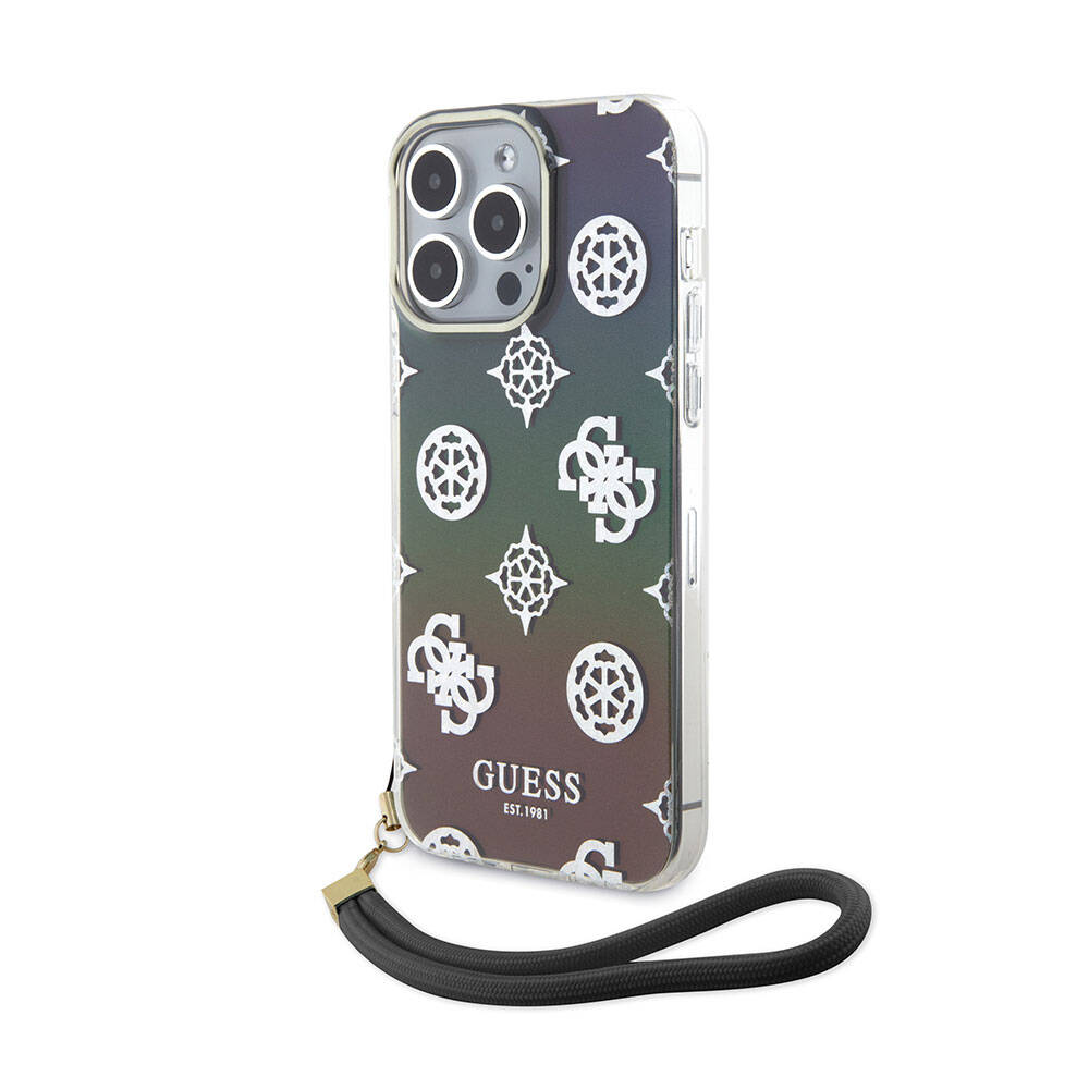 iPhone 15 Pro Max Kılıf Guess Orijinal Lisanslı Desenli Yazı Logolu Askı İpli Holografik Glitter Peony Kılıf