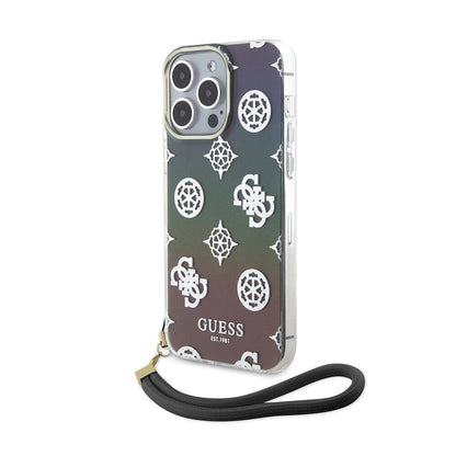 iPhone 15 Pro Max Kılıf Guess Orijinal Lisanslı Desenli Yazı Logolu Askı İpli Holografik Glitter Peony Kılıf