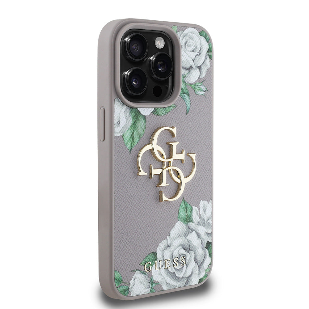 iPhone 15 Pro Max Kılıf Guess Orijinal Lisanslı Gül Baskılı Büyük Metal Logo Dizaynlı Kılıf
