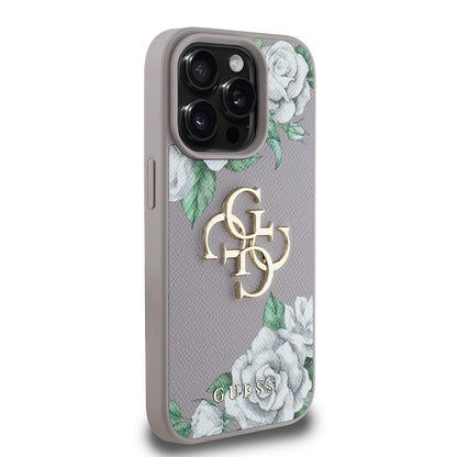 iPhone 15 Pro Max Kılıf Guess Orijinal Lisanslı Gül Baskılı Büyük Metal Logo Dizaynlı Kılıf
