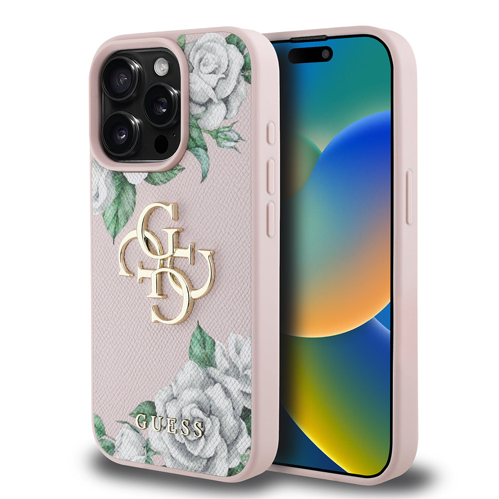 iPhone 15 Pro Max Kılıf Guess Orijinal Lisanslı Gül Baskılı Büyük Metal Logo Dizaynlı Kılıf