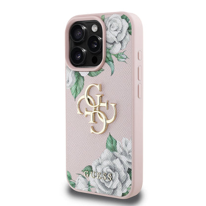 iPhone 15 Pro Max Kılıf Guess Orijinal Lisanslı Gül Baskılı Büyük Metal Logo Dizaynlı Kılıf