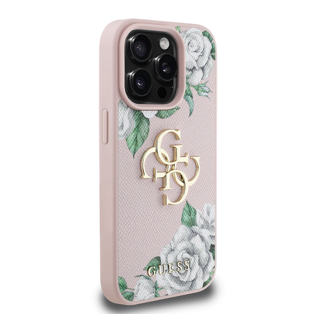 iPhone 15 Pro Max Kılıf Guess Orijinal Lisanslı Gül Baskılı Büyük Metal Logo Dizaynlı Kılıf