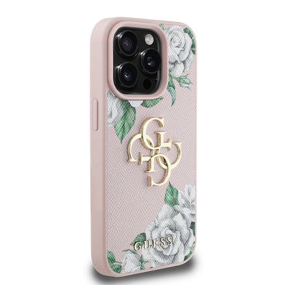 iPhone 15 Pro Max Kılıf Guess Orijinal Lisanslı Gül Baskılı Büyük Metal Logo Dizaynlı Kılıf