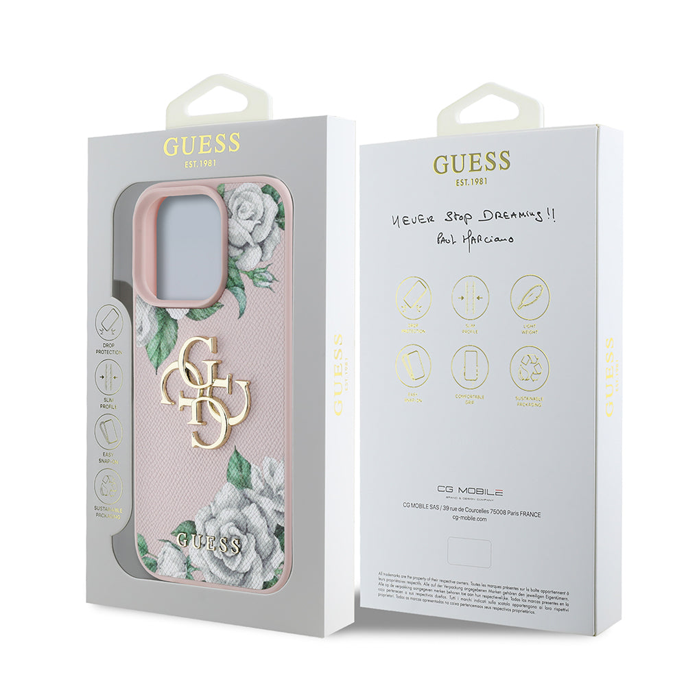 iPhone 15 Pro Max Kılıf Guess Orijinal Lisanslı Gül Baskılı Büyük Metal Logo Dizaynlı Kılıf