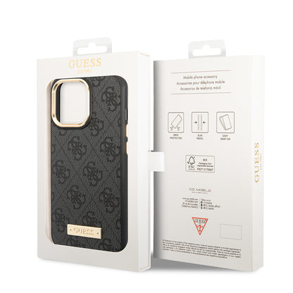iPhone 15 Pro Max Kılıf Guess Orijinal Lisanslı M-safe Şarj Özellikli 4G Desenli PU Metal Plaka Klasik Logolu Kılıf