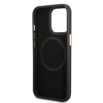 iPhone 15 Pro Max Kılıf Guess Orijinal Lisanslı M-safe Şarj Özellikli 4G Desenli PU Metal Plaka Klasik Logolu Kılıf