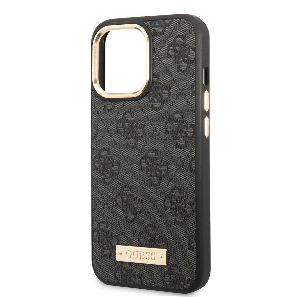 iPhone 15 Pro Max Kılıf Guess Orijinal Lisanslı M-safe Şarj Özellikli 4G Desenli PU Metal Plaka Klasik Logolu Kılıf