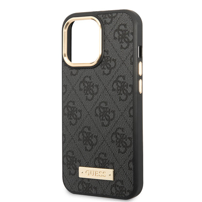 iPhone 15 Pro Max Kılıf Guess Orijinal Lisanslı M-safe Şarj Özellikli 4G Desenli PU Metal Plaka Klasik Logolu Kılıf