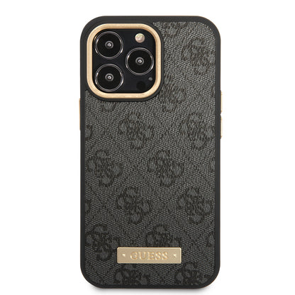 iPhone 15 Pro Max Kılıf Guess Orijinal Lisanslı M-safe Şarj Özellikli 4G Desenli PU Metal Plaka Klasik Logolu Kılıf