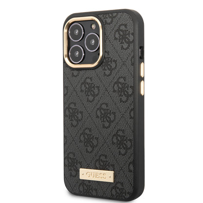 iPhone 15 Pro Max Kılıf Guess Orijinal Lisanslı M-safe Şarj Özellikli 4G Desenli PU Metal Plaka Klasik Logolu Kılıf