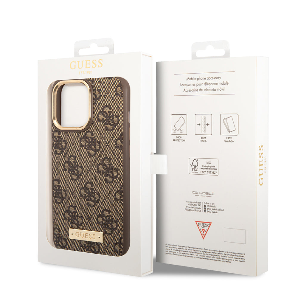 iPhone 15 Pro Max Kılıf Guess Orijinal Lisanslı M-safe Şarj Özellikli 4G Desenli PU Metal Plaka Klasik Logolu Kılıf