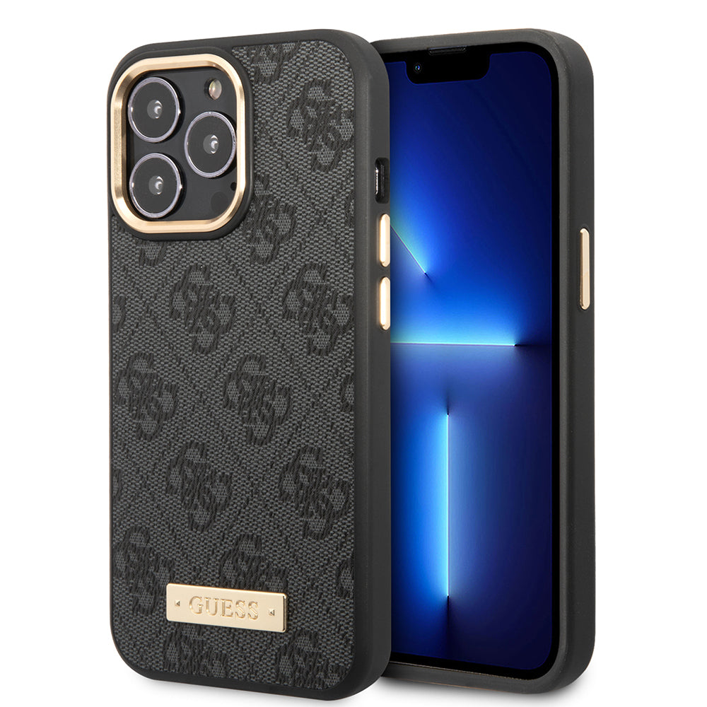 iPhone 15 Pro Max Kılıf Guess Orijinal Lisanslı M-safe Şarj Özellikli 4G Desenli PU Metal Plaka Klasik Logolu Kılıf