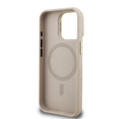 iPhone 15 Pro Max Kılıf Guess Orijinal Lisanslı M-safe Şarj Özellikli Sıcak Baskılı Yazı Logolu Kamera Standlı PU Deri Peony Kılıf