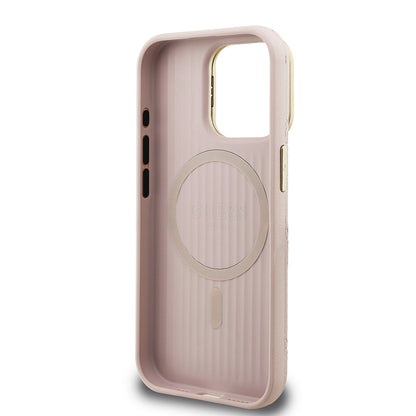 iPhone 15 Pro Max Kılıf Guess Orijinal Lisanslı M-safe Şarj Özellikli Sıcak Baskılı Yazı Logolu Kamera Standlı PU Deri Peony Kılıf