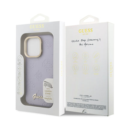iPhone 15 Pro Max Kılıf Guess Orijinal Lisanslı M-safe Şarj Özellikli Sıcak Baskılı Yazı Logolu Kamera Standlı PU Deri Peony Kılıf