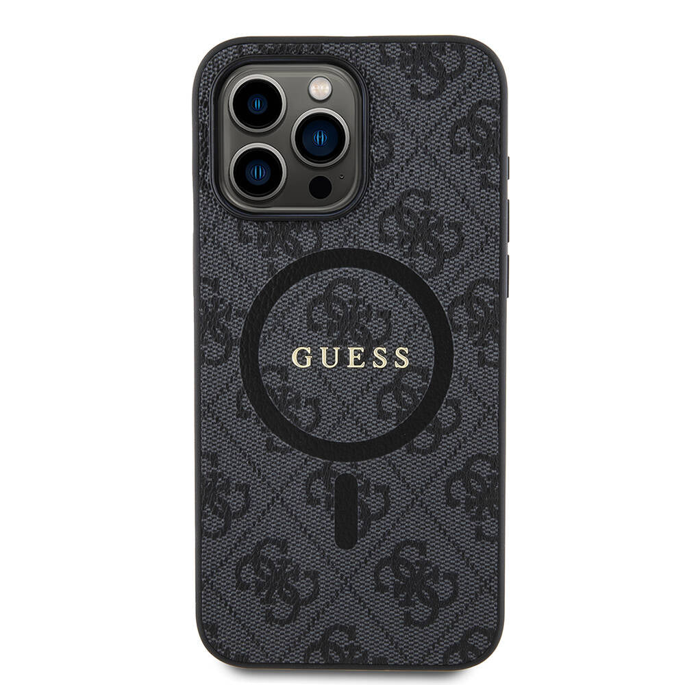 iPhone 15 Pro Max Kılıf Guess Orijinal Lisanslı M-safe Şarj Özellikli PU Halkalı 4G Desenli Yazı Logolu Kılıf