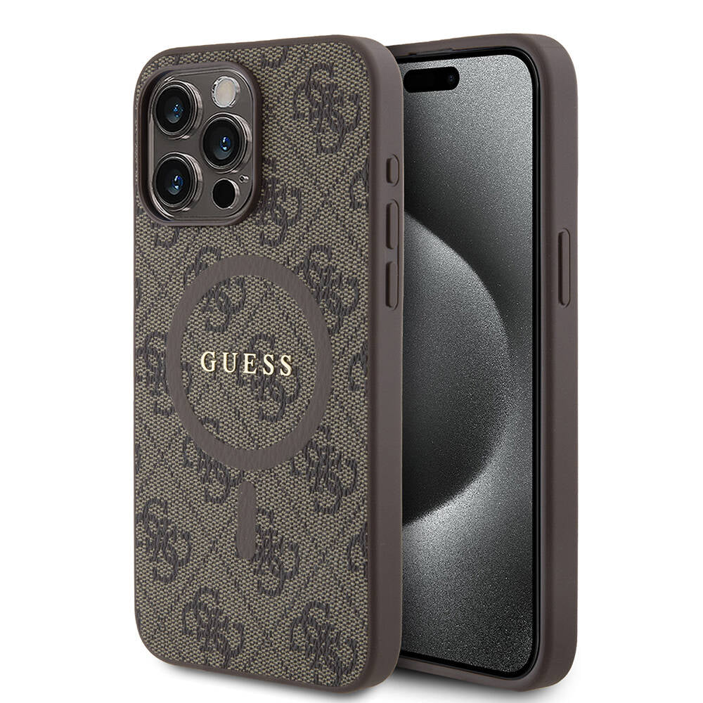 iPhone 15 Pro Max Kılıf Guess Orijinal Lisanslı M-safe Şarj Özellikli PU Halkalı 4G Desenli Yazı Logolu Kılıf
