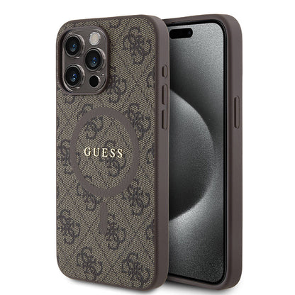 iPhone 15 Pro Max Kılıf Guess Orijinal Lisanslı M-safe Şarj Özellikli PU Halkalı 4G Desenli Yazı Logolu Kılıf