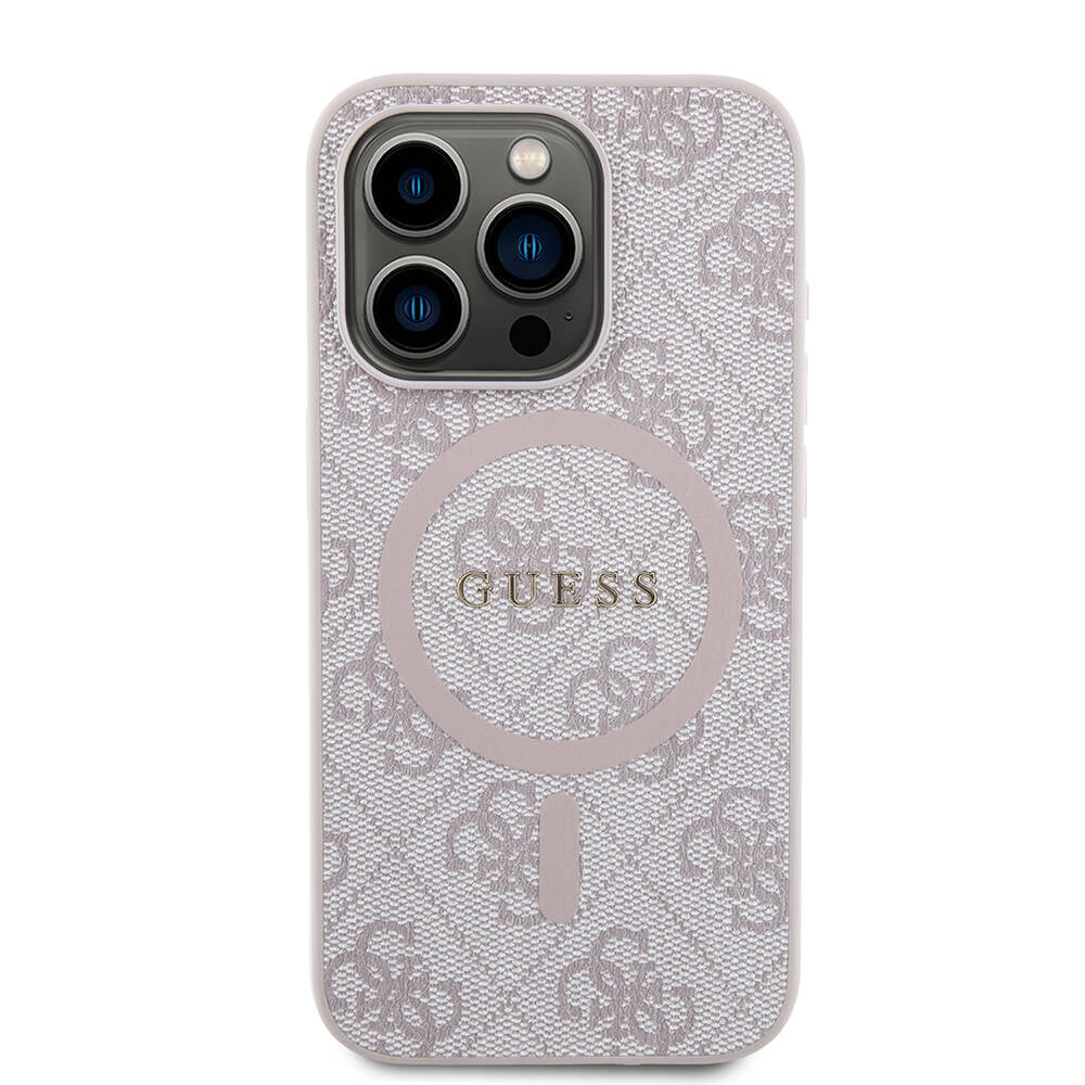iPhone 15 Pro Max Kılıf Guess Orijinal Lisanslı M-safe Şarj Özellikli PU Halkalı 4G Desenli Yazı Logolu Kılıf