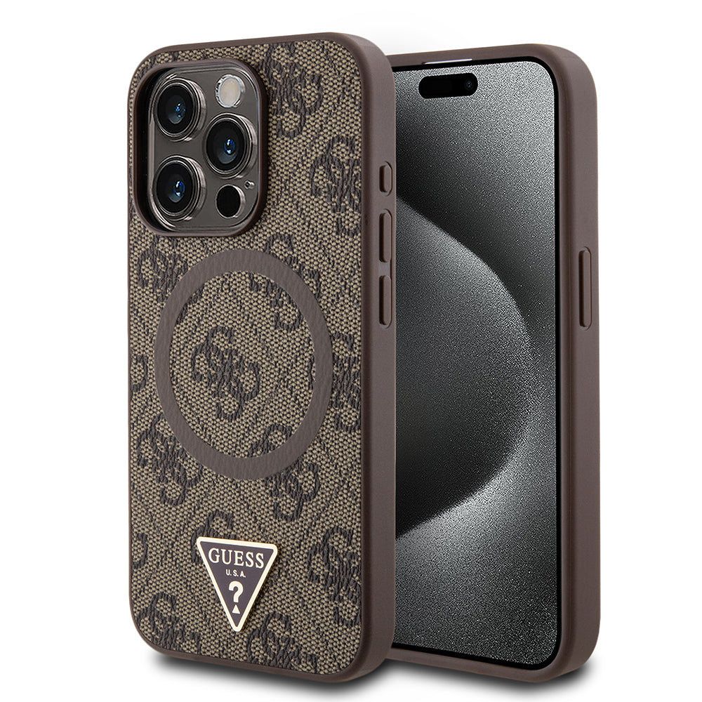 iPhone 15 Pro Max Kılıf Guess Orijinal Lisanslı M-safe Şarj Özellikli PU Üçgen Logo 4G Desenli Kılıf