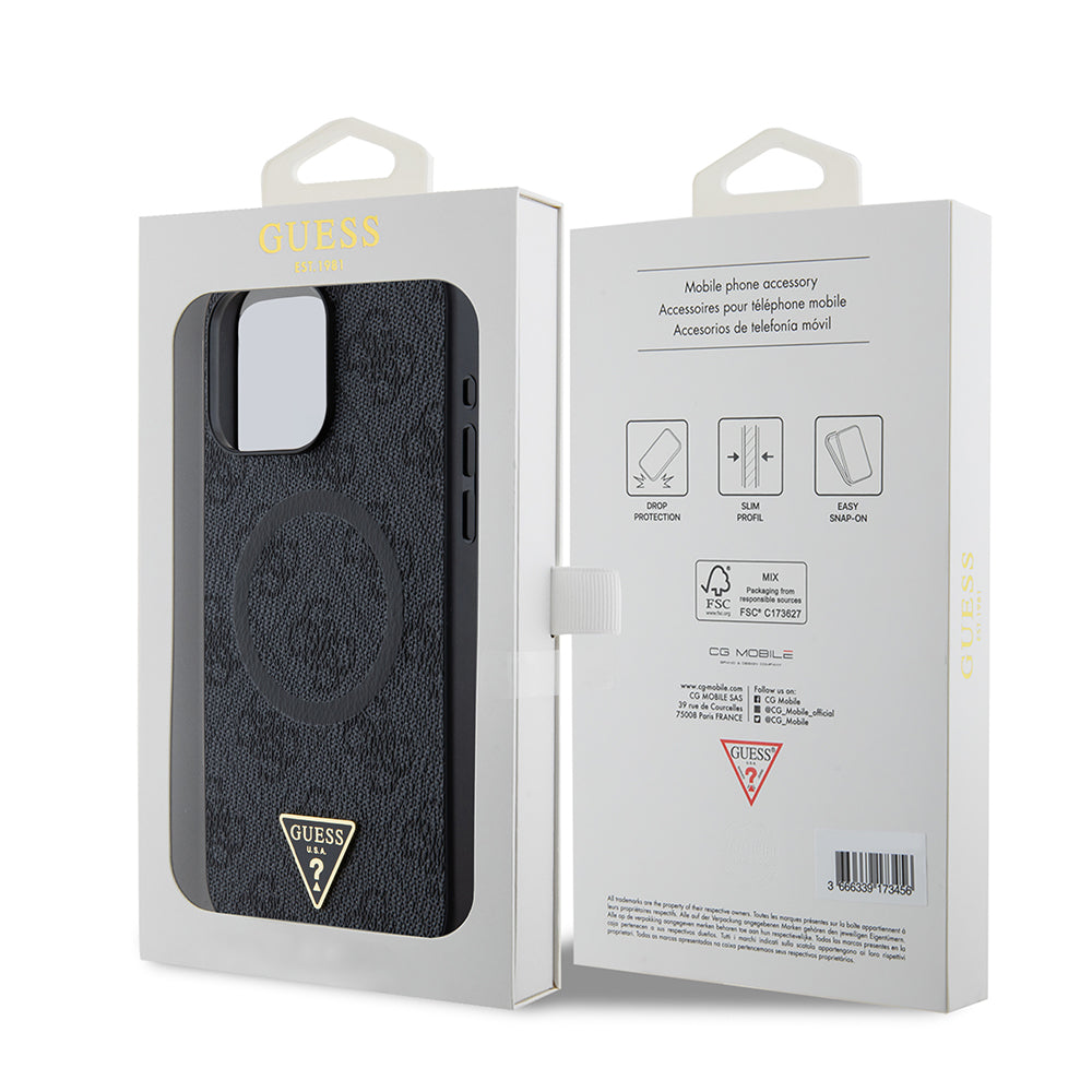 iPhone 15 Pro Max Kılıf Guess Orijinal Lisanslı M-safe Şarj Özellikli PU Üçgen Logo 4G Desenli Kılıf
