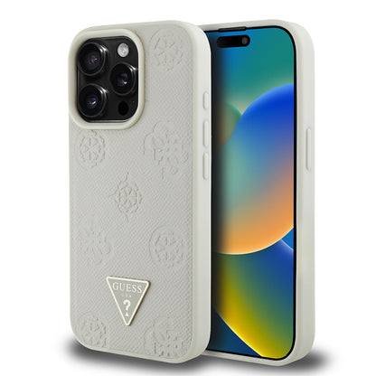 iPhone 15 Pro Max Kılıf Guess Orijinal Lisanslı M-safe Şarj Özellikli Sıcak Baskılı Üçgen Logolu PU Deri Peony Kılıf