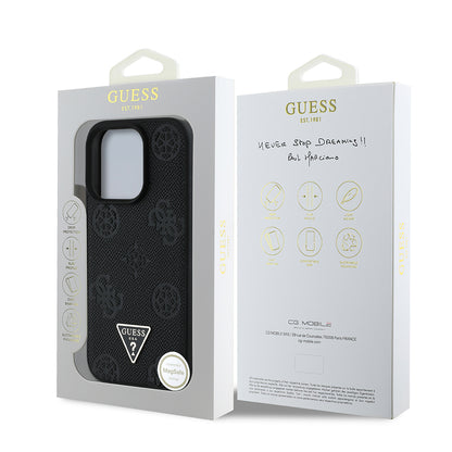 iPhone 15 Pro Max Kılıf Guess Orijinal Lisanslı M-safe Şarj Özellikli Sıcak Baskılı Üçgen Logolu PU Deri Peony Kılıf