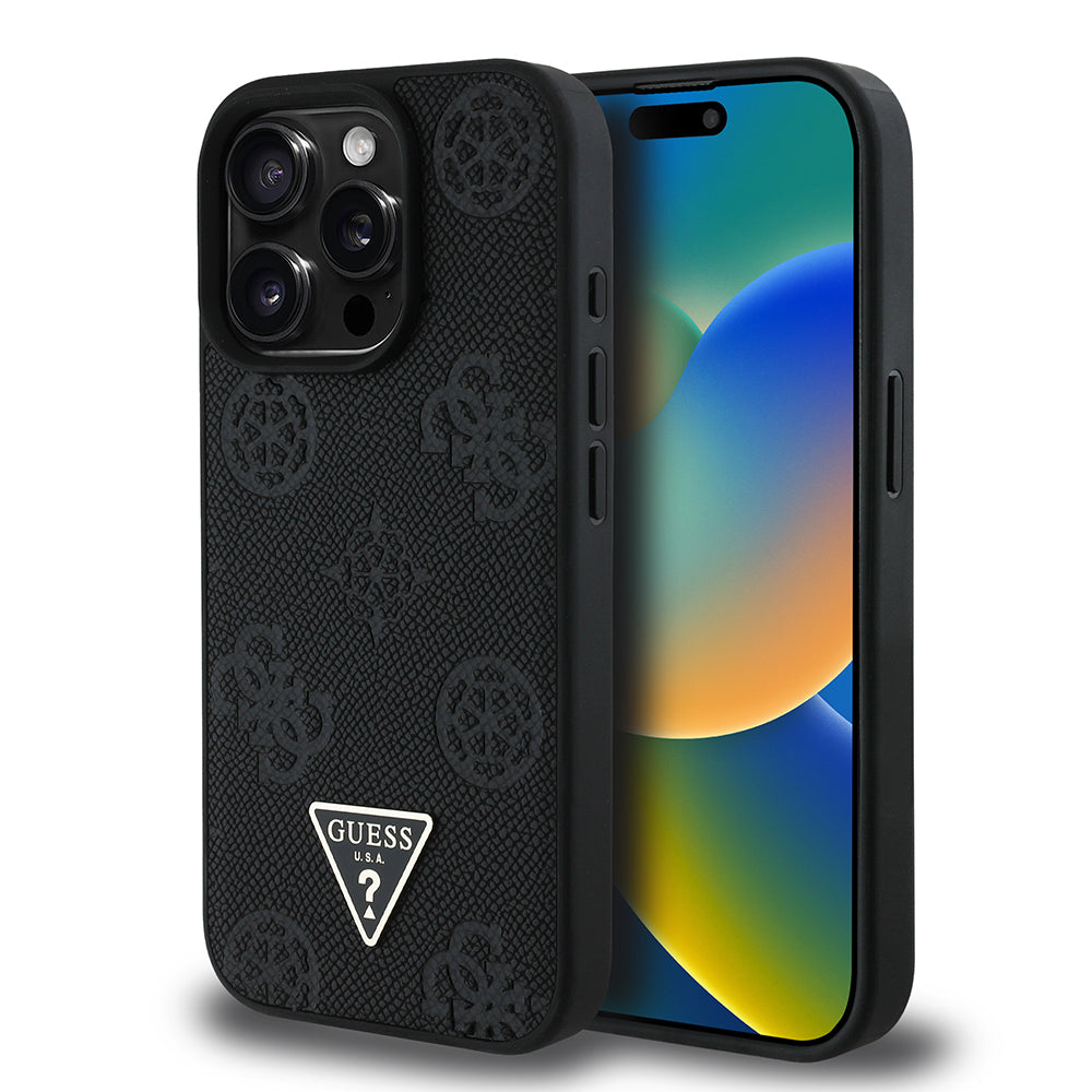 iPhone 15 Pro Max Kılıf Guess Orijinal Lisanslı M-safe Şarj Özellikli Sıcak Baskılı Üçgen Logolu PU Deri Peony Kılıf