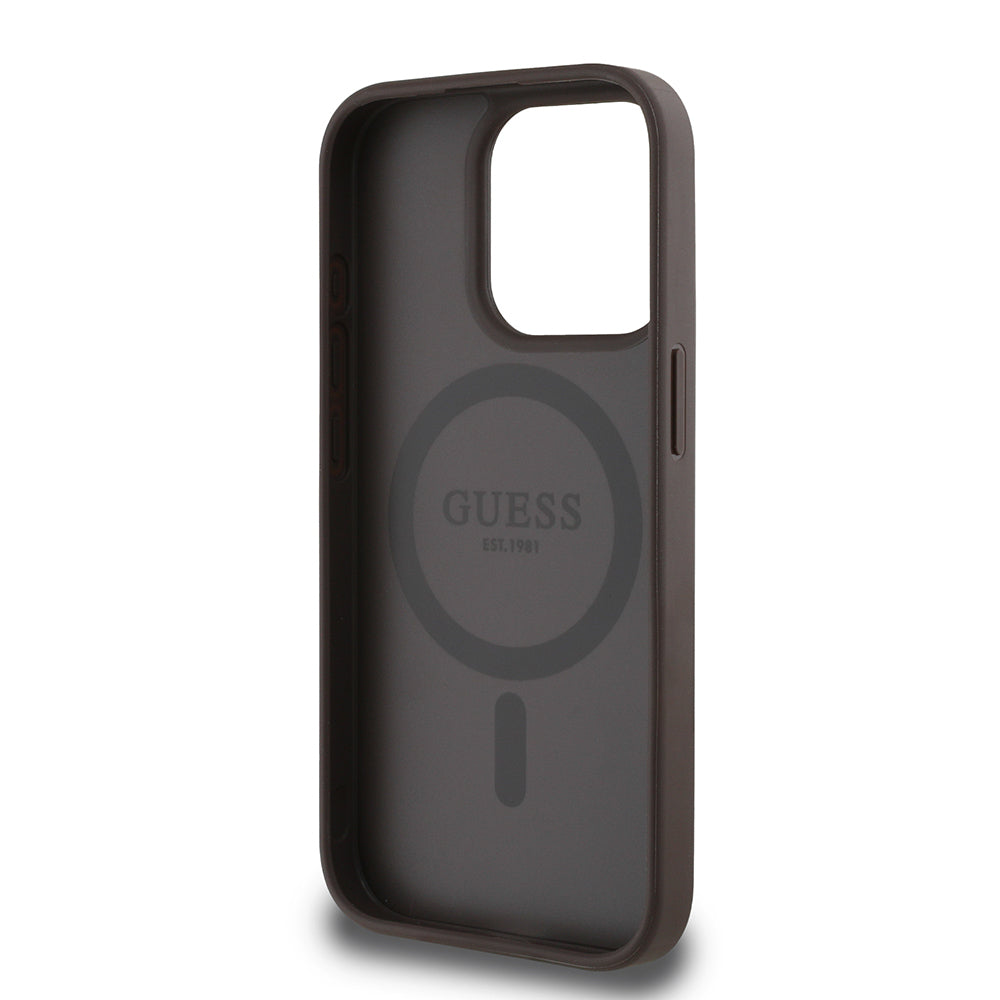 iPhone 15 Pro Max Kılıf Guess Orijinal Lisanslı M-safe Şarj Özellikli Sıcak Baskılı Üçgen Logolu PU Deri Peony Kılıf
