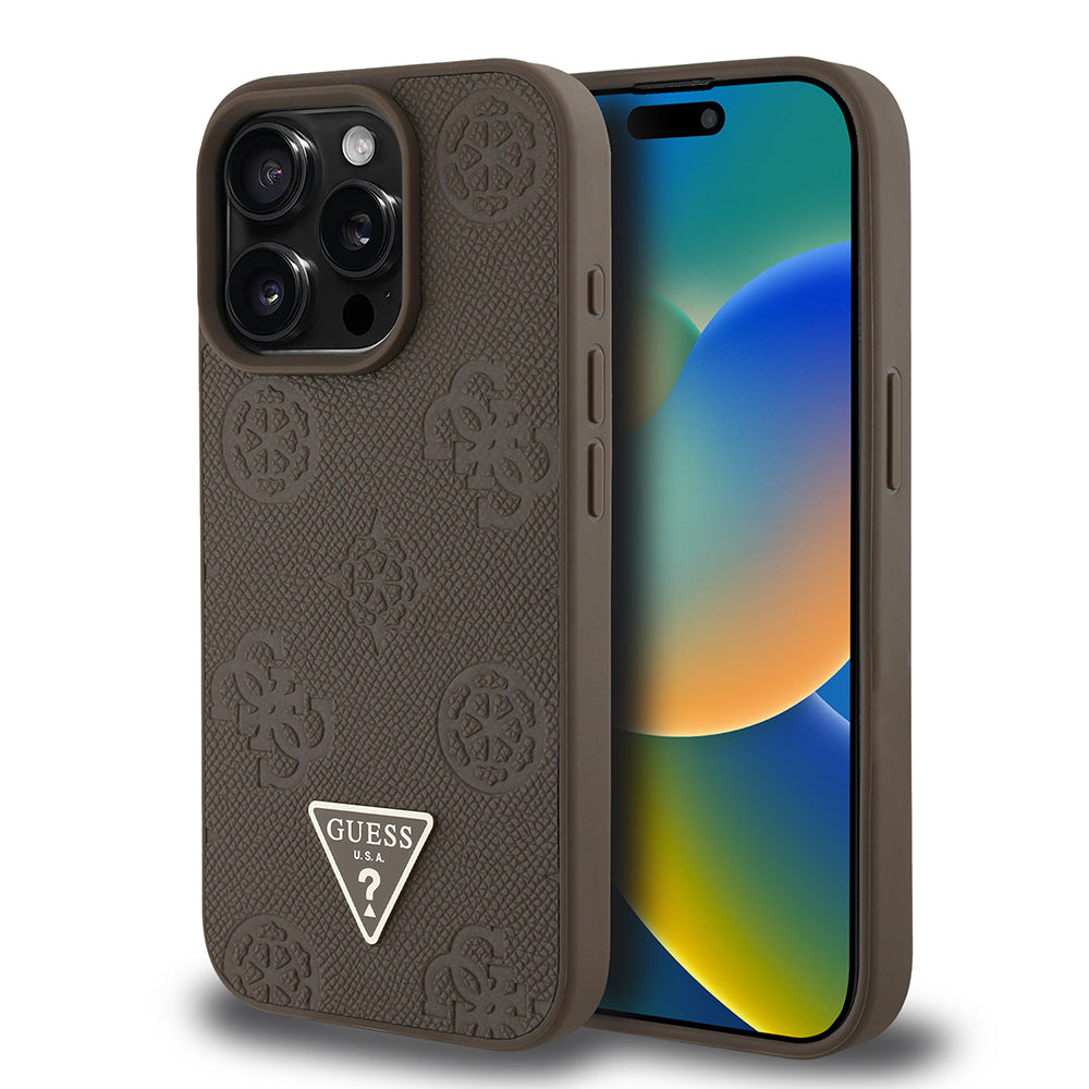 iPhone 15 Pro Max Kılıf Guess Orijinal Lisanslı M-safe Şarj Özellikli Sıcak Baskılı Üçgen Logolu PU Deri Peony Kılıf