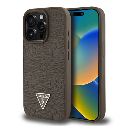 iPhone 15 Pro Max Kılıf Guess Orijinal Lisanslı M-safe Şarj Özellikli Sıcak Baskılı Üçgen Logolu PU Deri Peony Kılıf