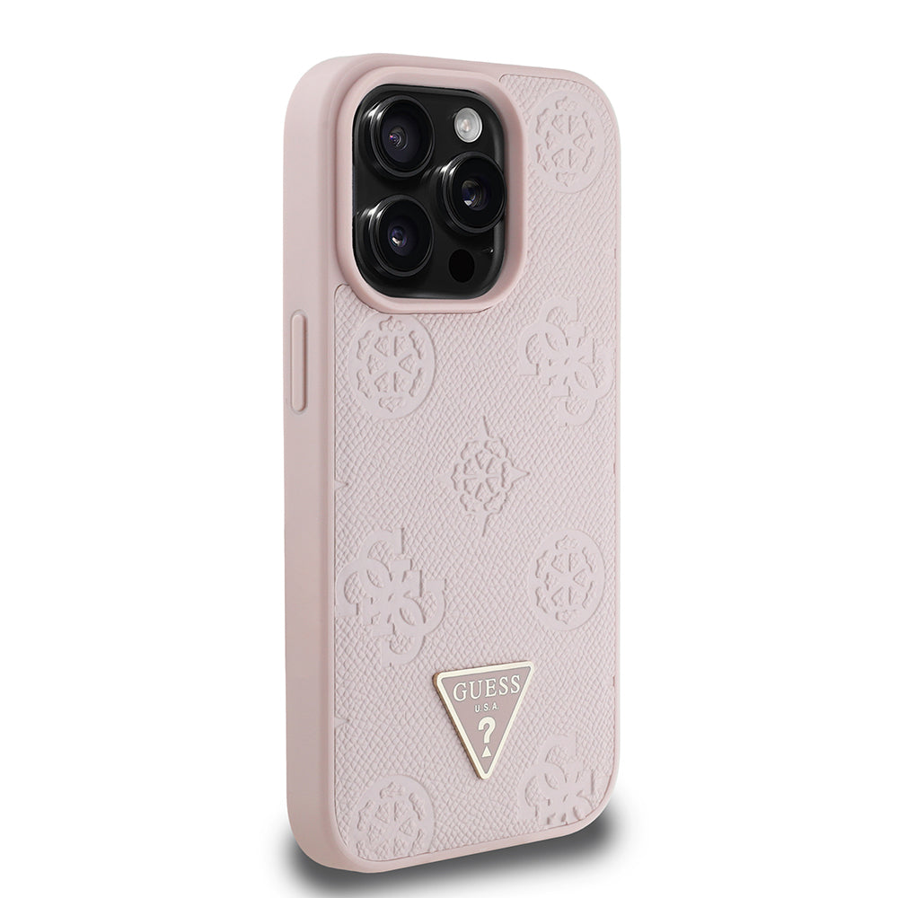 iPhone 15 Pro Max Kılıf Guess Orijinal Lisanslı M-safe Şarj Özellikli Sıcak Baskılı Üçgen Logolu PU Deri Peony Kılıf
