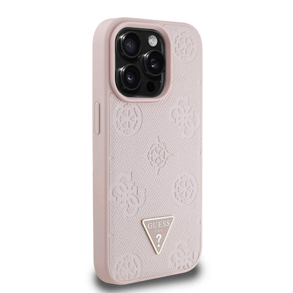 iPhone 15 Pro Max Kılıf Guess Orijinal Lisanslı M-safe Şarj Özellikli Sıcak Baskılı Üçgen Logolu PU Deri Peony Kılıf