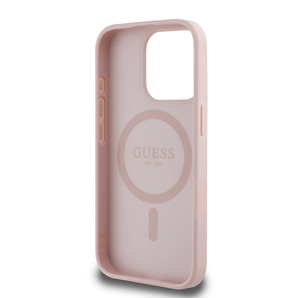 iPhone 15 Pro Max Kılıf Guess Orijinal Lisanslı M-safe Şarj Özellikli Sıcak Baskılı Üçgen Logolu PU Deri Peony Kılıf