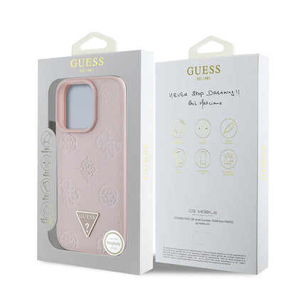 iPhone 15 Pro Max Kılıf Guess Orijinal Lisanslı M-safe Şarj Özellikli Sıcak Baskılı Üçgen Logolu PU Deri Peony Kılıf