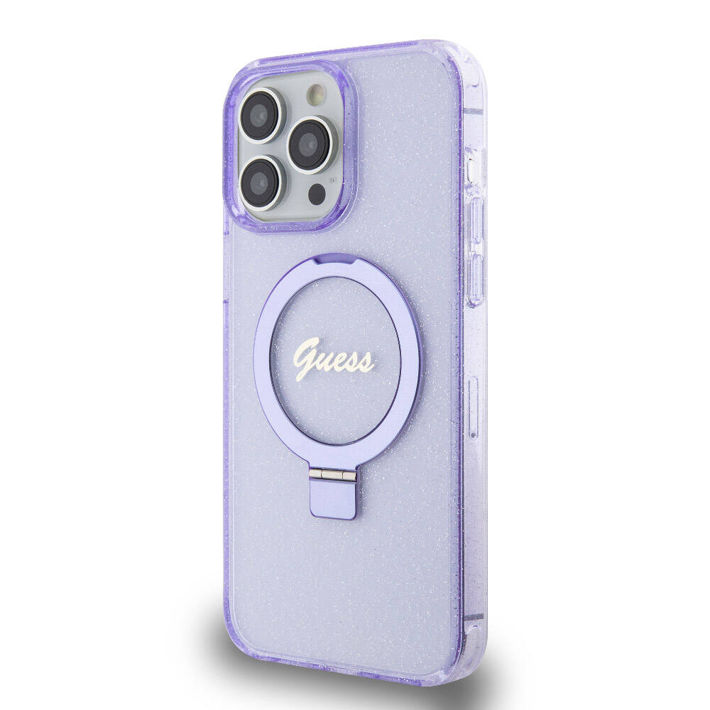 iPhone 15 Pro Max Kılıf Guess Orijinal Lisanslı M-safe Şarj Özellikli Simli Arka Yüzey Ring Standlı Kılıf
