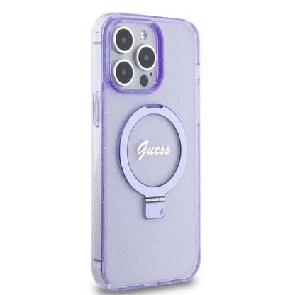 iPhone 15 Pro Max Kılıf Guess Orijinal Lisanslı M-safe Şarj Özellikli Simli Arka Yüzey Ring Standlı Kılıf