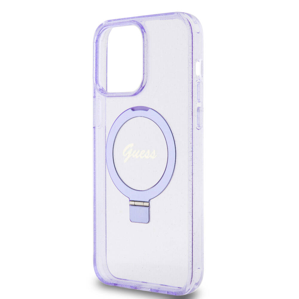 iPhone 15 Pro Max Kılıf Guess Orijinal Lisanslı M-safe Şarj Özellikli Simli Arka Yüzey Ring Standlı Kılıf