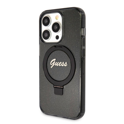 iPhone 15 Pro Max Kılıf Guess Orijinal Lisanslı M-safe Şarj Özellikli Simli Arka Yüzey Ring Standlı Kılıf