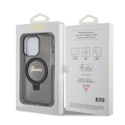 iPhone 15 Pro Max Kılıf Guess Orijinal Lisanslı M-safe Şarj Özellikli Simli Arka Yüzey Ring Standlı Kılıf