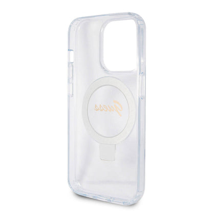 iPhone 15 Pro Max Kılıf Guess Orijinal Lisanslı M-safe Şarj Özellikli Simli Arka Yüzey Ring Standlı Kılıf