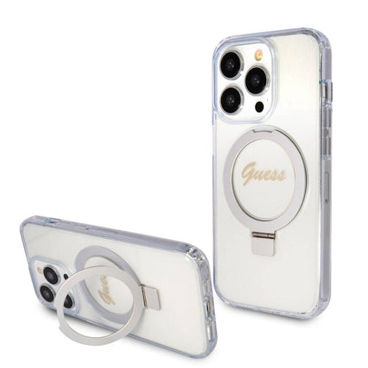 iPhone 15 Pro Max Kılıf Guess Orijinal Lisanslı M-safe Şarj Özellikli Simli Arka Yüzey Ring Standlı Kılıf